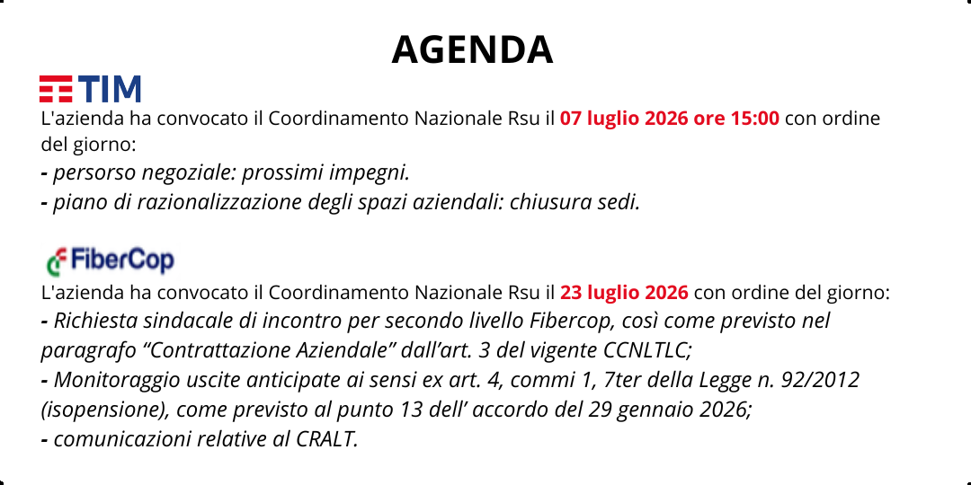 AGENDA SINDACALE LUGLIO 2026