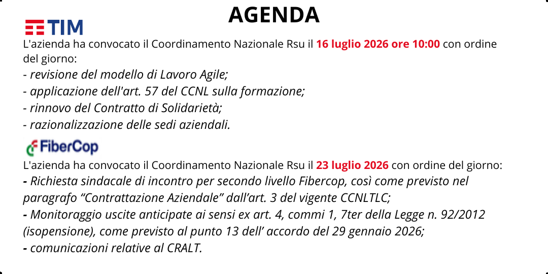AGENDA SINDACALE LUGLIO 2026