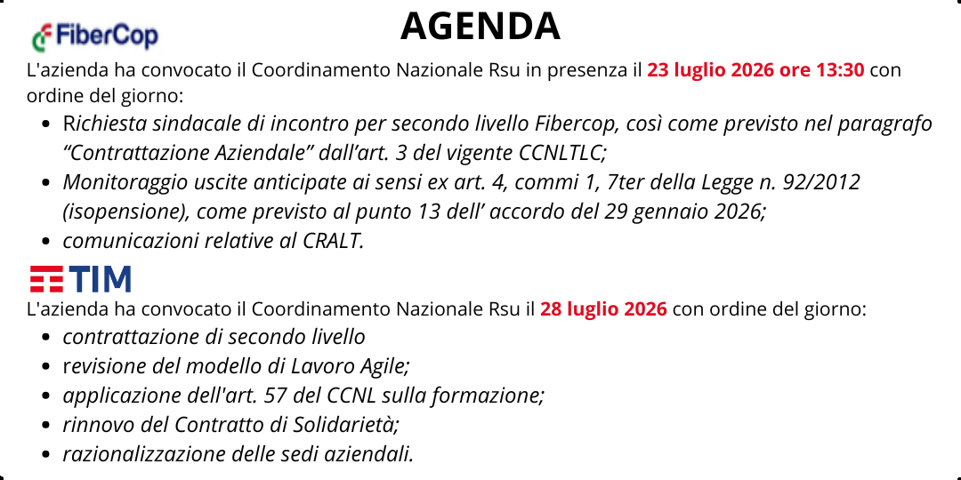 AGENDA SINDACALE LUGLIO 2026